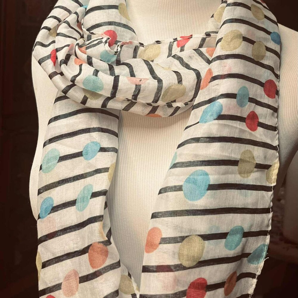 🎨 Modern Striped Scarf with Colorful Dots – Playful & Chic